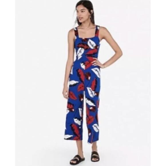 New! Express Blue Print tropical Jumpsuit, women's size L - Picture 1 of 12